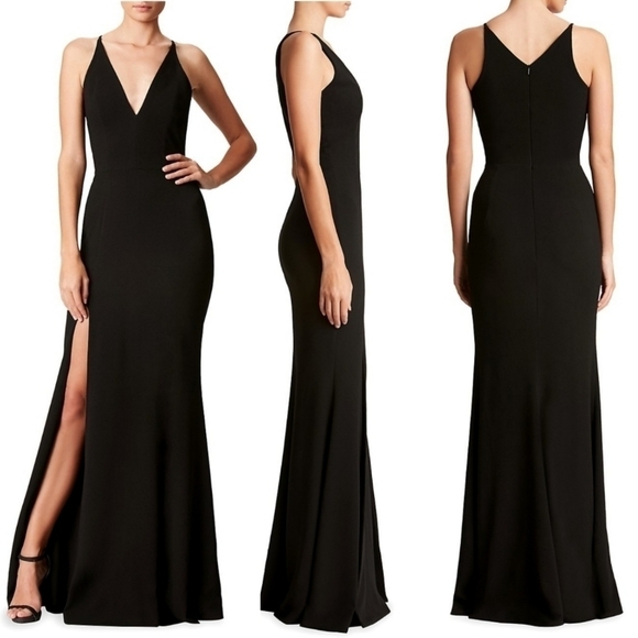New Dress The Population Iris V-Neck Side Slit Crepe Black Evening Gown NWT XL - Picture 5 of 9